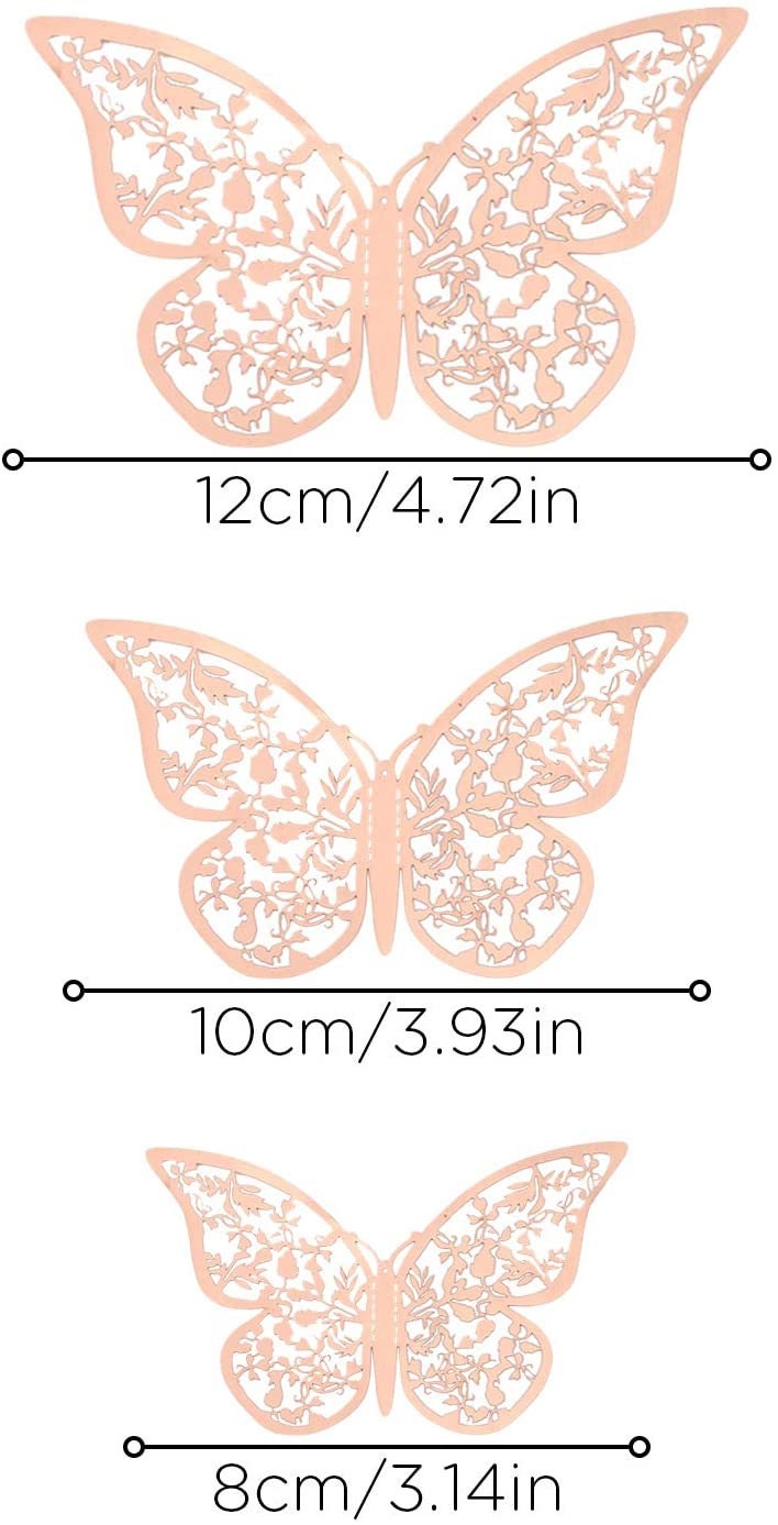 Elegant 24pcs 3D Butterfly Wall Stickers 3 Sizes Butterfly Wall Decals (Rose Gold)