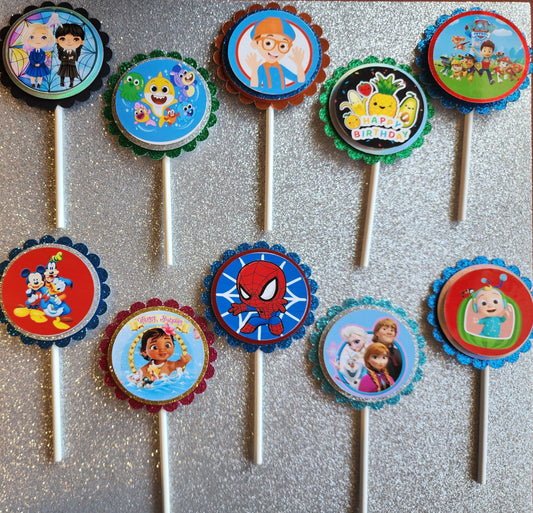 12pc cartoon theme of your choice Cupcake Toppers. Birthday party cartoon cupcake toppers. Popular birthday theme cupcake toppers.
